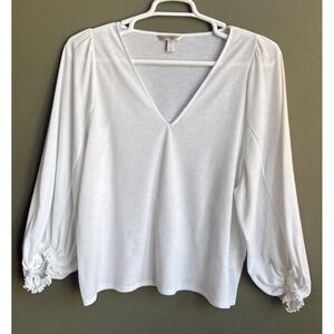 Banana Republic Women's LG White Textured‎ Ballon Sleeves Top Blouse V-neck